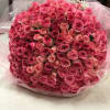 Large bouquet of pink roses wrapped in pale pink paper