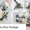 Dusty blue bridal bouquet with white roses and thistle