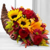 Perfect Harvest styled cornucopia with wonderful fall blooms