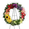 24 inch wreath of sunflowers, roses, mums, carnations, delphinium, hypericum, stock