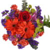 Bright mixed bouquet with orange gerbera daisies, red rose, purple blooms, and green button mums.