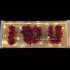 Red roses arranged to spell "I U" in a lit display box