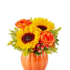 Sunflowers and orange roses in an orange pumpkin vase