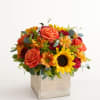 Mixed bouquet with roses, sunflowers, and daisies in a wooden box