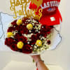 Bouquet of red roses with gold-wrapped chocolates and a red cap