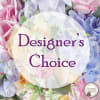 Pastel roses and hydrangeas with "Designer’s Choice" text overlay