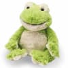 Green and white plush frog toy sitting upright
