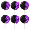 Six black cake pops decorated with purple sprinkles and silver pearls