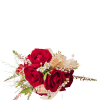 Red roses with small white flowers and gold ribbon accents