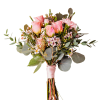 Pink rose bouquet with small filler flowers and eucalyptus, tied with ribbon