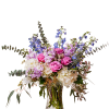 Pink roses and lavender flowers in a clear glass vase