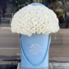 White rose bouquet in a blue hatbox with ribbon handles