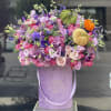Lavender flower arrangement in our signature velvet lavender box with velvet pumpkins