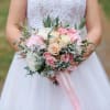 Roses in colors white vendela, light pink and coral, pink hydrangea and