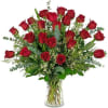 A clear vase with three dozen RED roses with greens and babies