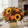 Autumn centerpiece with sunflowers, orange roses, and mums in a square gold vase