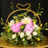 This beautiful and elegant arrangement made with pink peony , dahlia, white