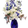 Seeded Eucalyptus and Variegated Pittosporum, wrapped around White Stock, Blue Delphinium, White