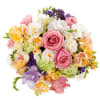 Bouquet of pink roses, white flowers, and purple accents