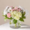 Pink and white flowers arranged in a clear glass vase