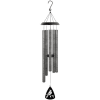 Black hanging wind chime with metal tubes and a bird-shaped clapper
