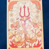 Illustrated tarot-style card with flowers and a trident