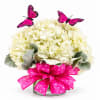 White hydrangea arrangement in a glass vase with pink ribbon and butterfly picks