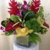 Tropical bouquet with red, purple, and yellow orchids in a glass vase