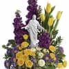 This graceful bouquet features yellow spray roses, yellow tulips, purple stock, lavender