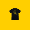 Black T-shirt with a yellow smiley flower graphic on a yellow background