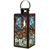 This sympathy stained glass lantern features a durable black metal finish and