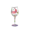 Decorated wine glass with colorful text and cartoon graphics
