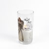 Clear glass memorial candle holder with an angel illustration and printed sympathy message
