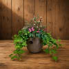 Potted ivy arrangement with pussy willow stems and a pink butterfly decoration