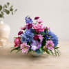 Colorful mixed flower arrangement in a low white bowl