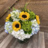 Bouquet of sunflowers and blue-white hydrangeas in a vase