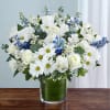 All white arrangement of white roses, alstroemeria, carnations, daisy poms and monte