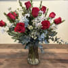Dozen Red Roses with filler in a vase