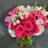 Beautiful hot Pink Roses, soft Pink and spray Roses with Tulips and