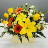 Yellow lilies and roses with orange gerbera daisies in a pale box