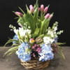 Basket arrangement with pink tulips and blue hydrangeas