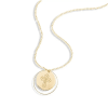 Necklace features a long, adjustable chain with an engraved disc and dainty