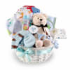 Baby gift basket with teddy bear, blanket, bottle, and socks