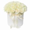 White rose bouquet in a round white box with a ribbon bow