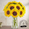 Bouquet of yellow sunflowers in a clear glass vase