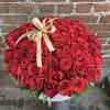 Large bouquet of red roses with a beige ribbon bow