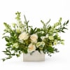 White roses and green-white flowers arranged in a wooden box