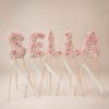 Floral letter stands spelling SELAM in pale pink roses