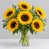 Bouquet of yellow sunflowers in a clear glass vase