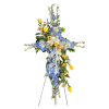 Standing floral cross with blue and yellow flowers on an easel